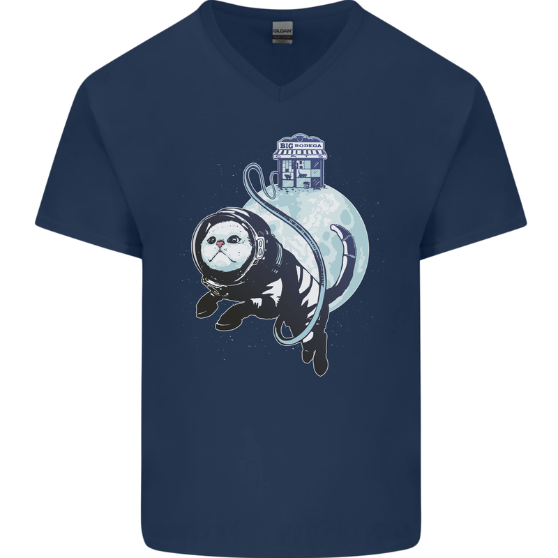 Space Astronaut Cat Funny Mens V-Neck Cotton T-Shirt Navy Blue