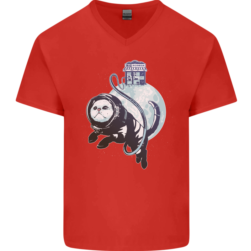 Space Astronaut Cat Funny Mens V-Neck Cotton T-Shirt Red