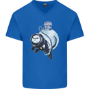 Space Astronaut Cat Funny Mens V-Neck Cotton T-Shirt Royal Blue