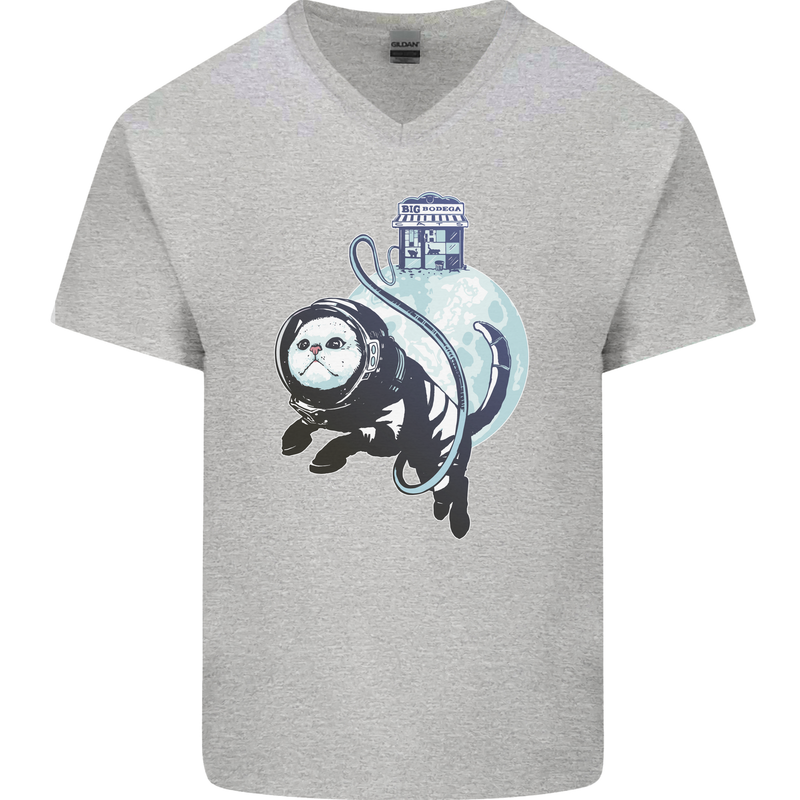 Space Astronaut Cat Funny Mens V-Neck Cotton T-Shirt Sports Grey