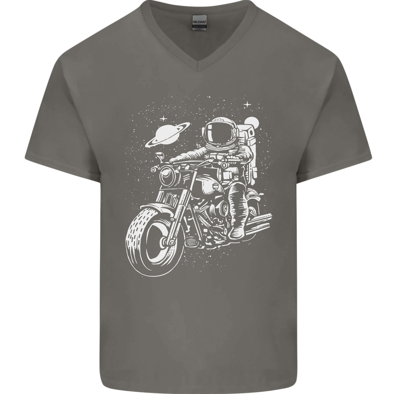 Space Biker Astronaut on a Motorcycle Space Mens V-Neck Cotton T-Shirt Charcoal