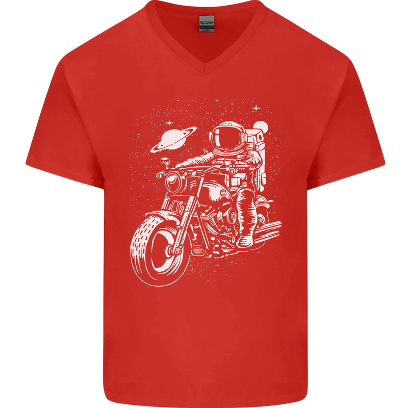 Space Biker Astronaut on a Motorcycle Space Mens V-Neck Cotton T-Shirt Red