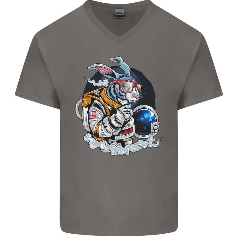 Space Bunny Funny Astronaut Space Rabbit Mens V-Neck Cotton T-Shirt Charcoal