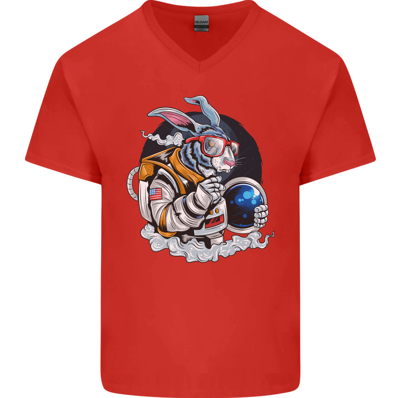 Space Bunny Funny Astronaut Space Rabbit Mens V-Neck Cotton T-Shirt Red