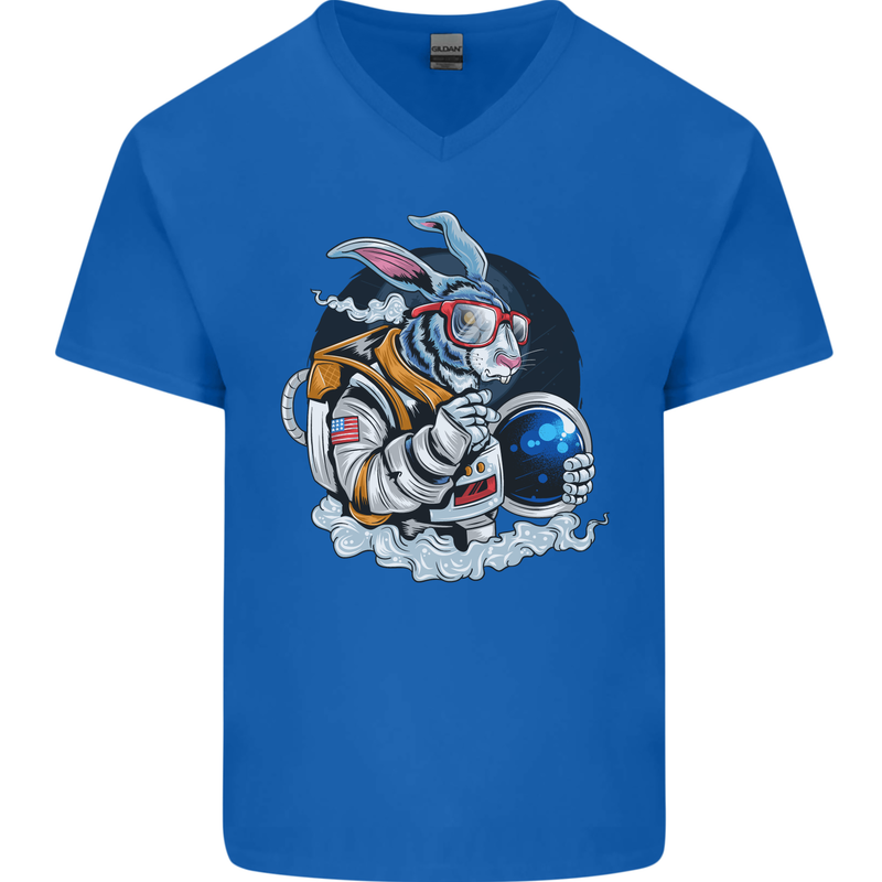 Space Bunny Funny Astronaut Space Rabbit Mens V-Neck Cotton T-Shirt Royal Blue