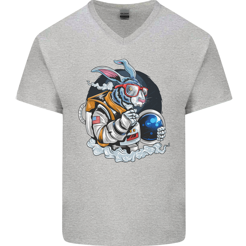 Space Bunny Funny Astronaut Space Rabbit Mens V-Neck Cotton T-Shirt Sports Grey