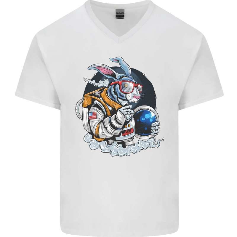 Space Bunny Funny Astronaut Space Rabbit Mens V-Neck Cotton T-Shirt White