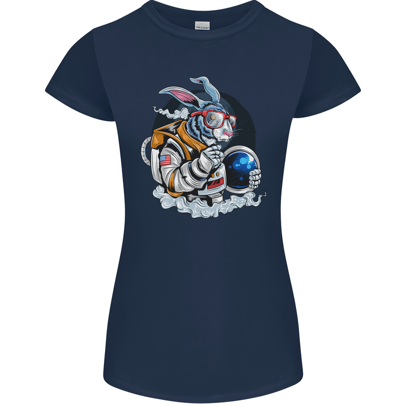 Space Bunny Funny Astronaut Space Rabbit Womens Petite Cut T-Shirt Navy Blue