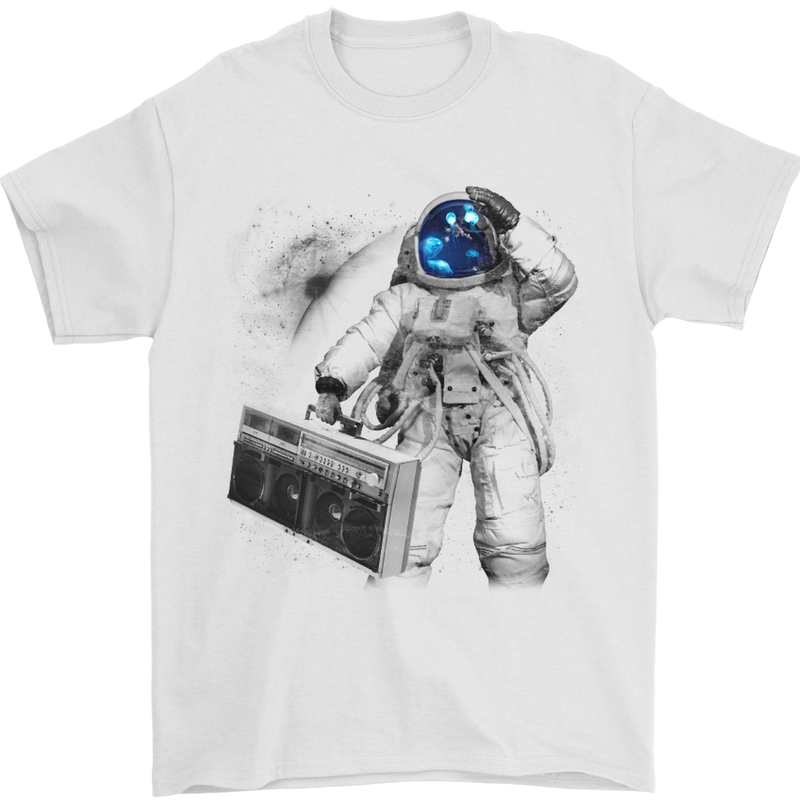 Space Ghetto Blaster Astronaut Music Mens T-Shirt Cotton Gildan White
