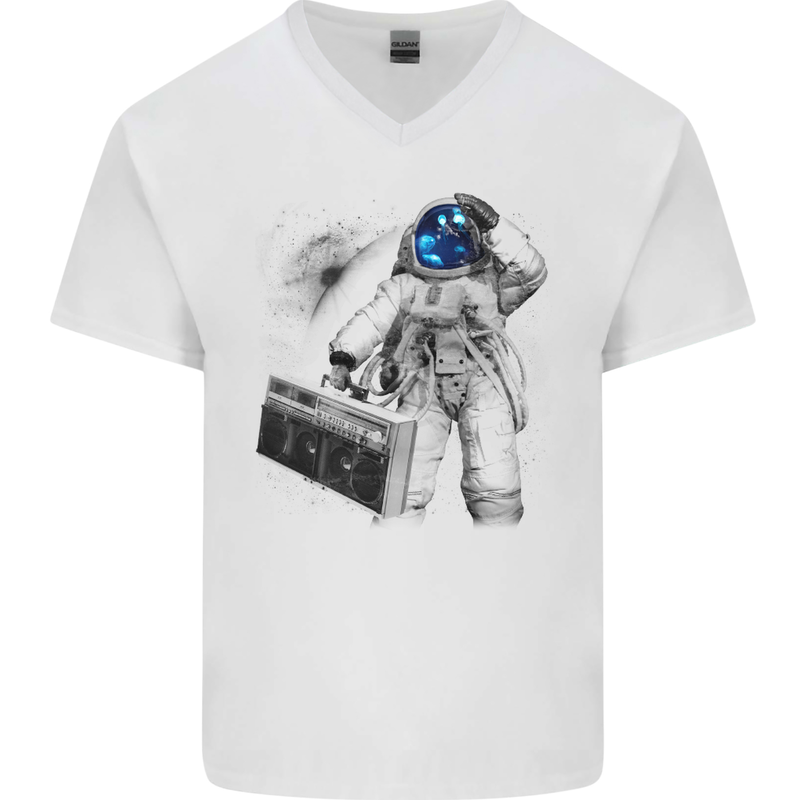 Space Ghetto Blaster Astronaut Music Mens V-Neck Cotton T-Shirt White