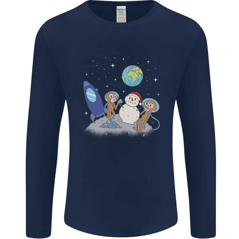 Space Monkeys Aliens UFO Christmas Snowman Mens Long Sleeve T-Shirt Navy Blue