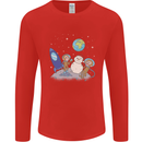 Space Monkeys Aliens UFO Christmas Snowman Mens Long Sleeve T-Shirt Red