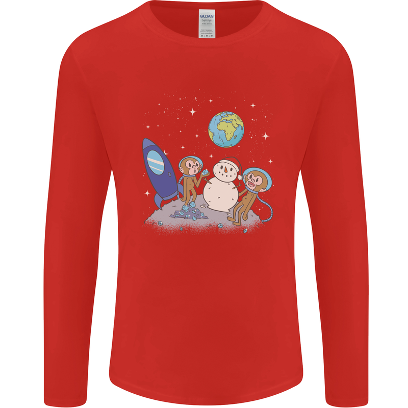 Space Monkeys Aliens UFO Christmas Snowman Mens Long Sleeve T-Shirt Red