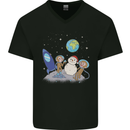 Space Monkeys Aliens UFO Christmas Snowman Mens V-Neck Cotton T-Shirt Black