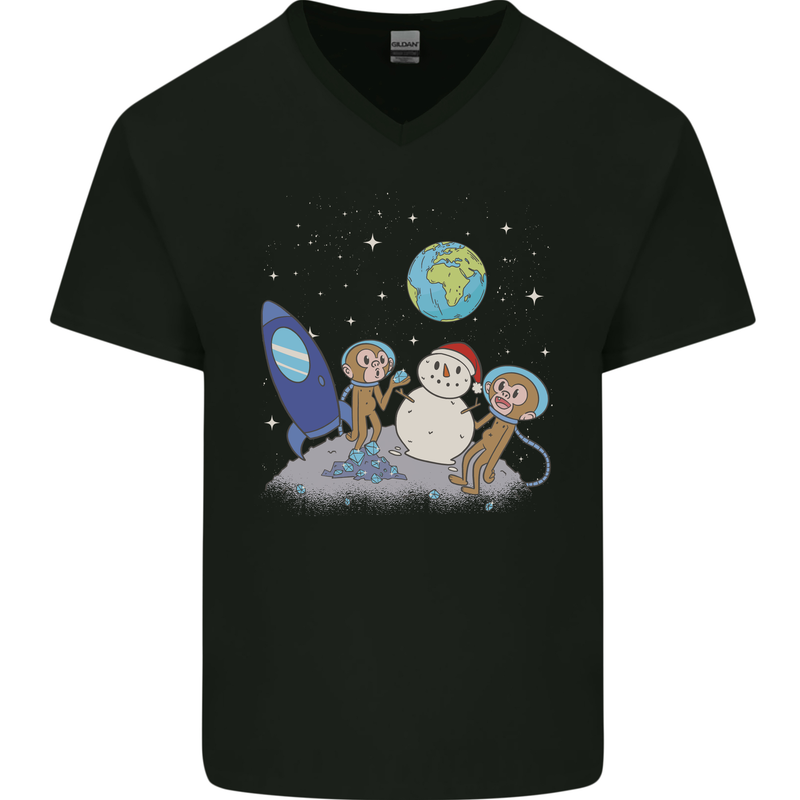 Space Monkeys Aliens UFO Christmas Snowman Mens V-Neck Cotton T-Shirt Black
