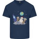 Space Monkeys Aliens UFO Christmas Snowman Mens V-Neck Cotton T-Shirt Navy Blue