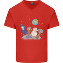 Space Monkeys Aliens UFO Christmas Snowman Mens V-Neck Cotton T-Shirt Red