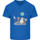 Space Monkeys Aliens UFO Christmas Snowman Mens V-Neck Cotton T-Shirt Royal Blue