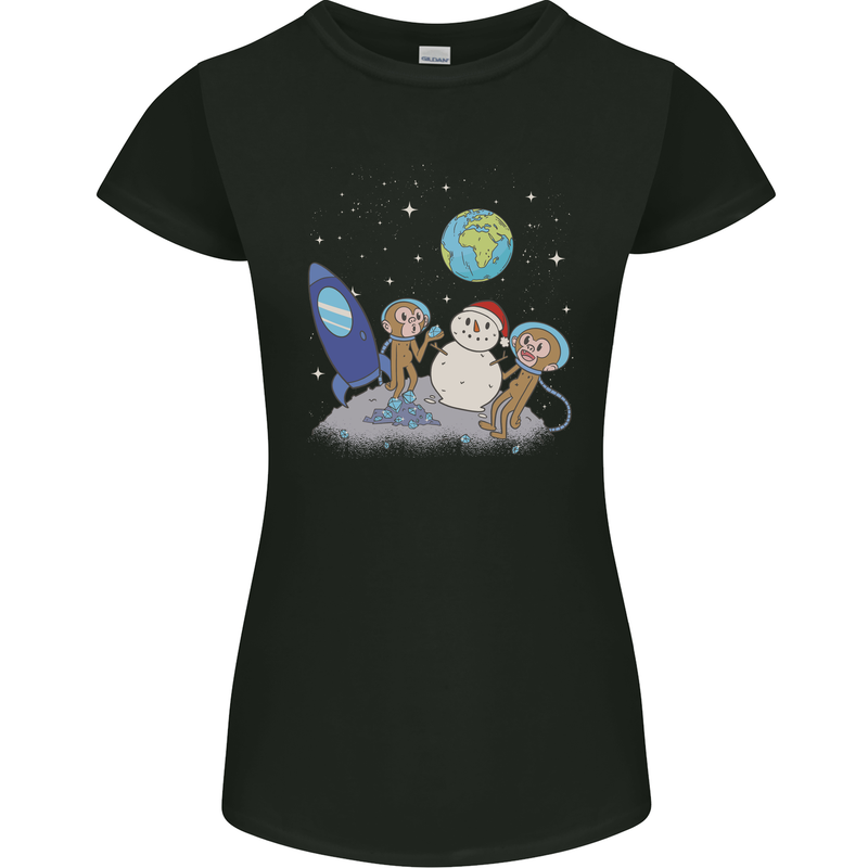 Space Monkeys Aliens UFO Christmas Snowman Womens Petite Cut T-Shirt Black
