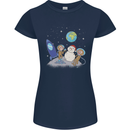 Space Monkeys Aliens UFO Christmas Snowman Womens Petite Cut T-Shirt Navy Blue