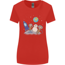 Space Monkeys Aliens UFO Christmas Snowman Womens Wider Cut T-Shirt Red