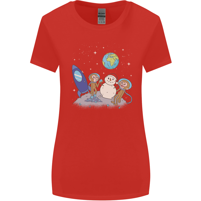 Space Monkeys Aliens UFO Christmas Snowman Womens Wider Cut T-Shirt Red