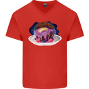 Space Planet Dessert Funny Food Mens V-Neck Cotton T-Shirt Red