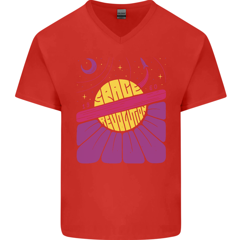 Space Revolution Universe Astronaut 60's Mens V-Neck Cotton T-Shirt Red