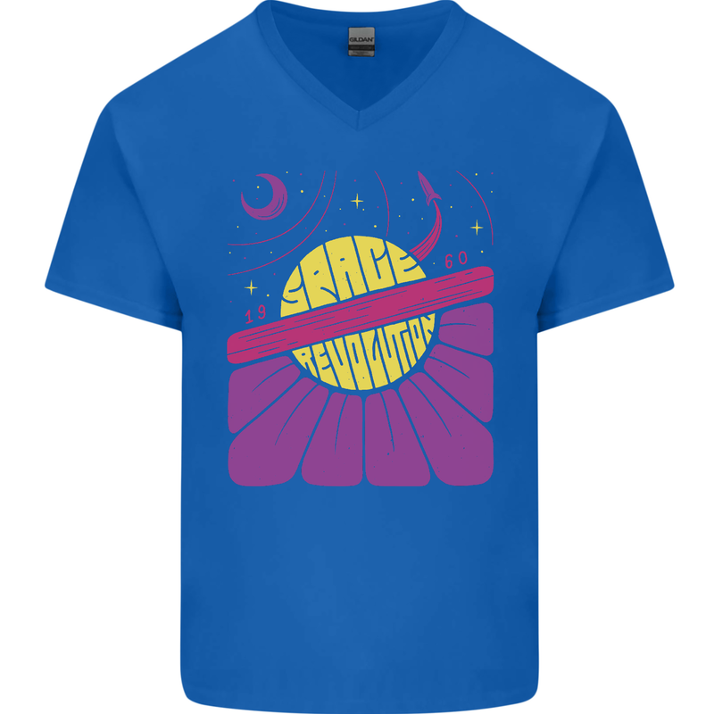 Space Revolution Universe Astronaut 60's Mens V-Neck Cotton T-Shirt Royal Blue