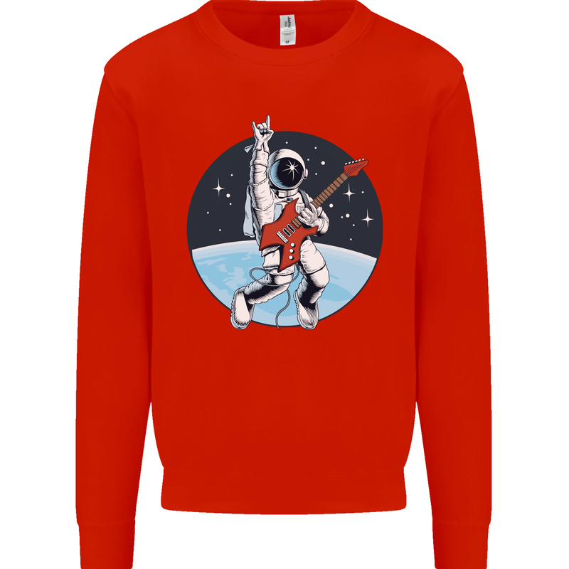 Space Rock Funny Astronaut Guitar Guitarist Kids Sweatshirt Jumper Bright Red