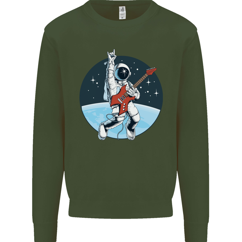 Space Rock Funny Astronaut Guitar Guitarist Kids Sweatshirt Jumper Forest Green