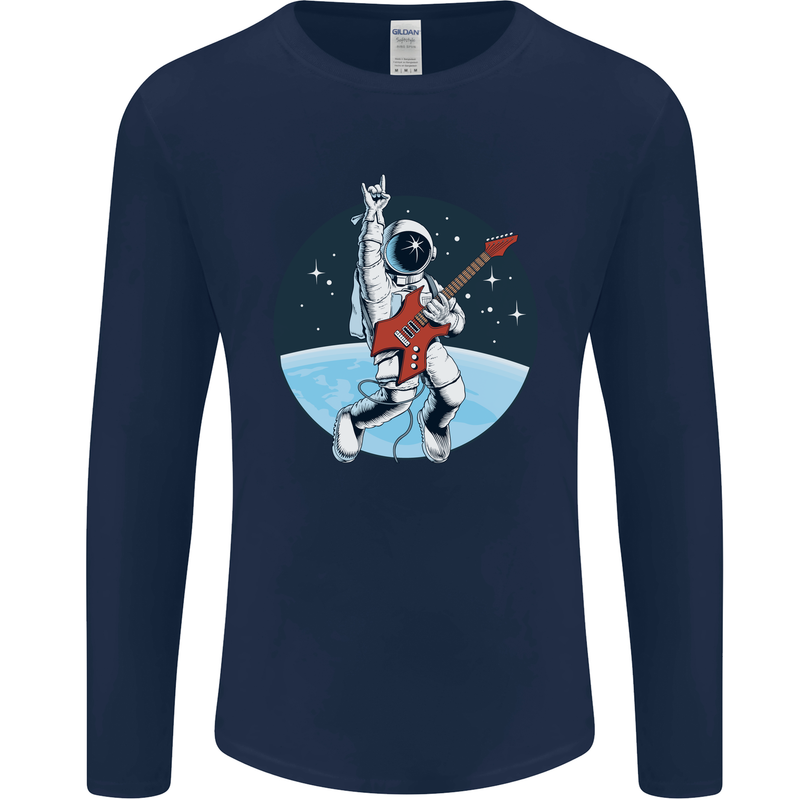 Space Rock Funny Astronaut Guitar Guitarist Mens Long Sleeve T-Shirt Navy Blue