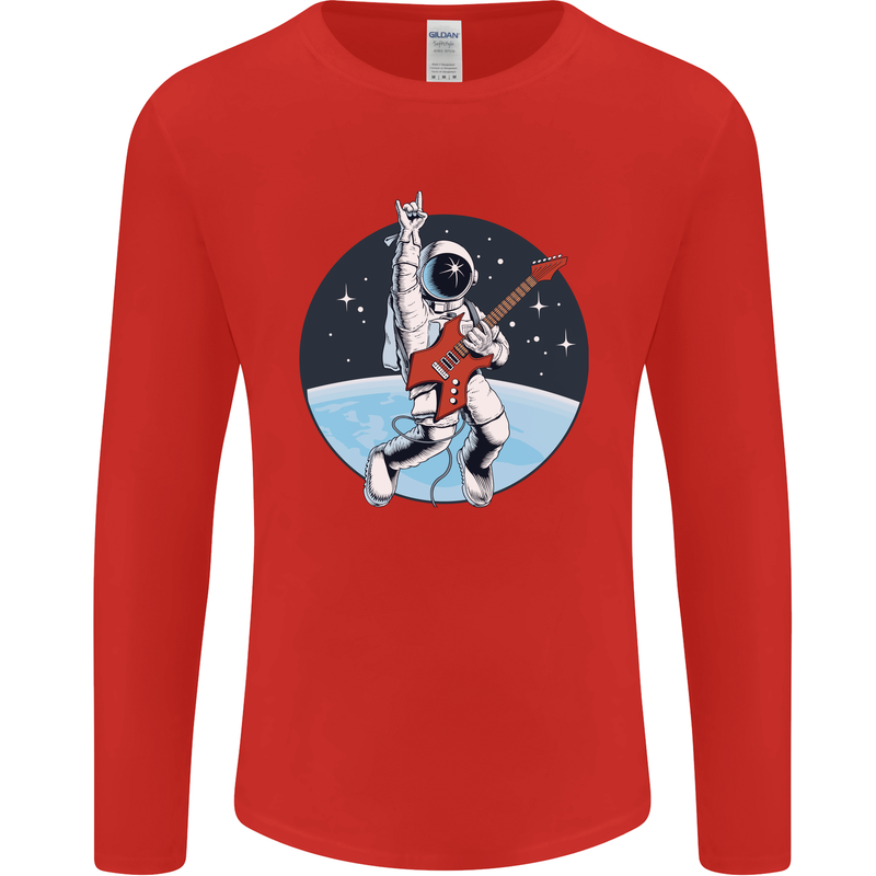 Space Rock Funny Astronaut Guitar Guitarist Mens Long Sleeve T-Shirt Red