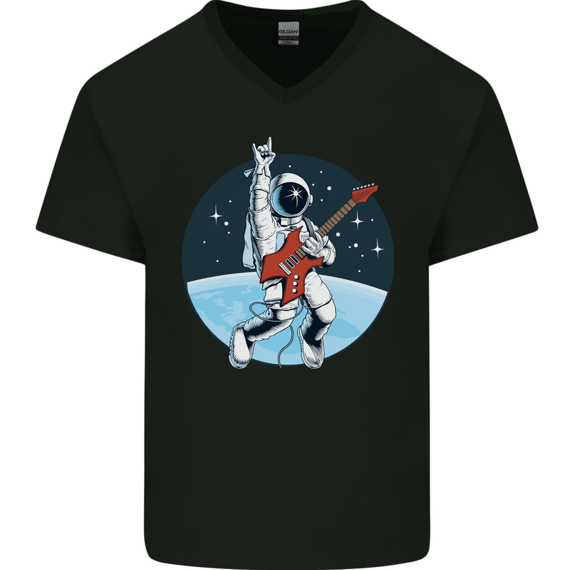 Space Rock Funny Astronaut Guitar Guitarist Mens V-Neck Cotton T-Shirt Black