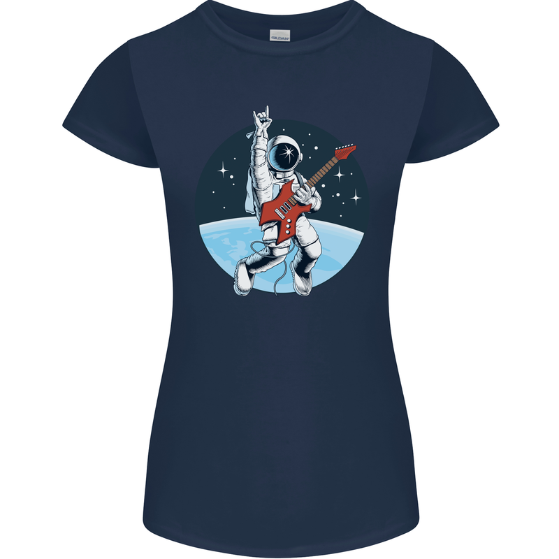 Space Rock Funny Astronaut Guitar Guitarist Womens Petite Cut T-Shirt Navy Blue