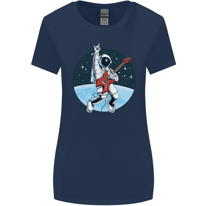Space Rock Funny Astronaut Guitar Guitarist Womens Wider Cut T-Shirt Navy Blue