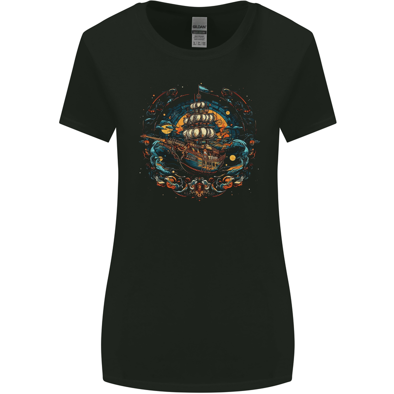 Space Ship Fantasy Boat Sailing Sailor Womens Wider Cut T-Shirt Black