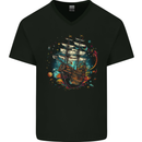 Space Ship Fantasy Galleon Sailing Sailor Mens V-Neck Cotton T-Shirt Black