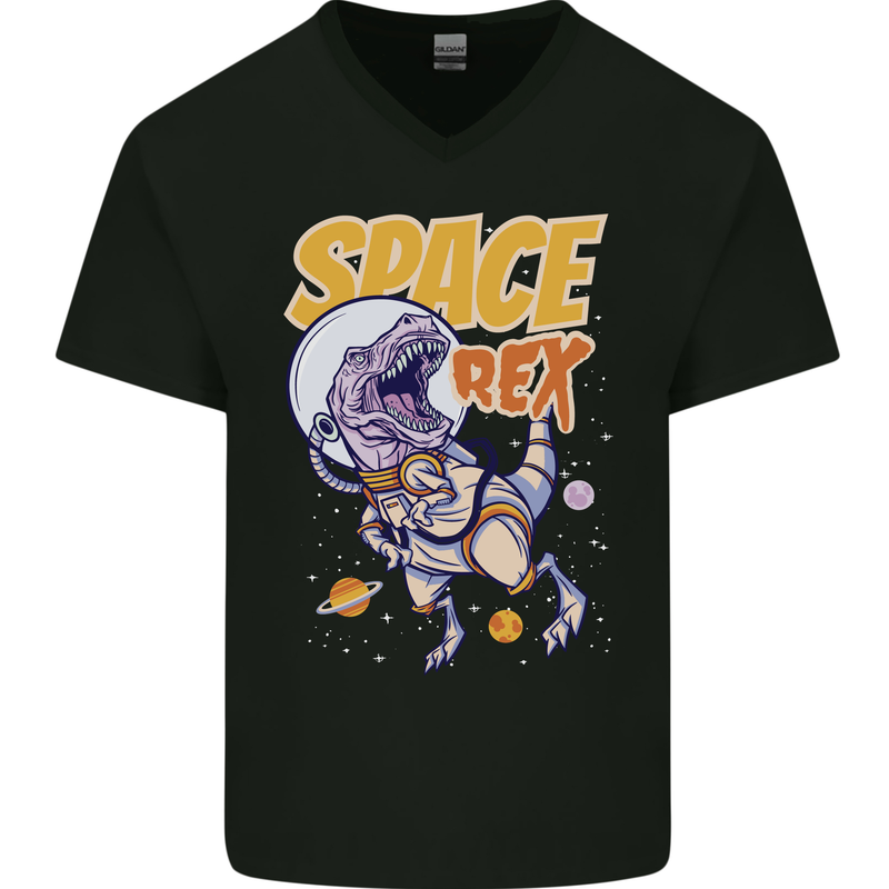 Space T-Rex Dinosaur Dino Astronaut Mens V-Neck Cotton T-Shirt Black
