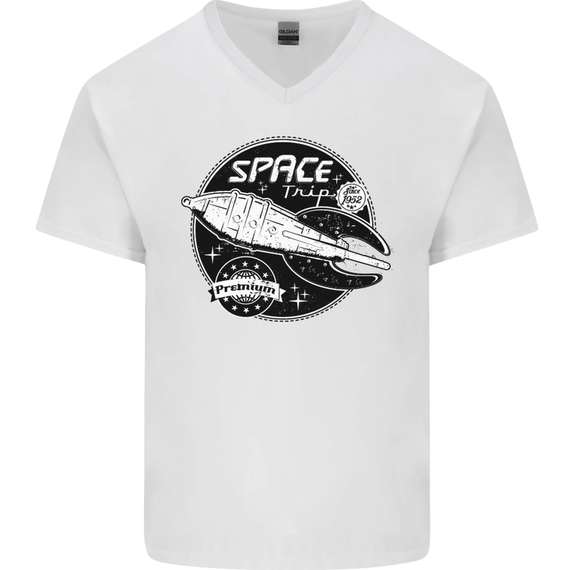 Space Trip Rocket Ship Astronaut Mens V-Neck Cotton T-Shirt White