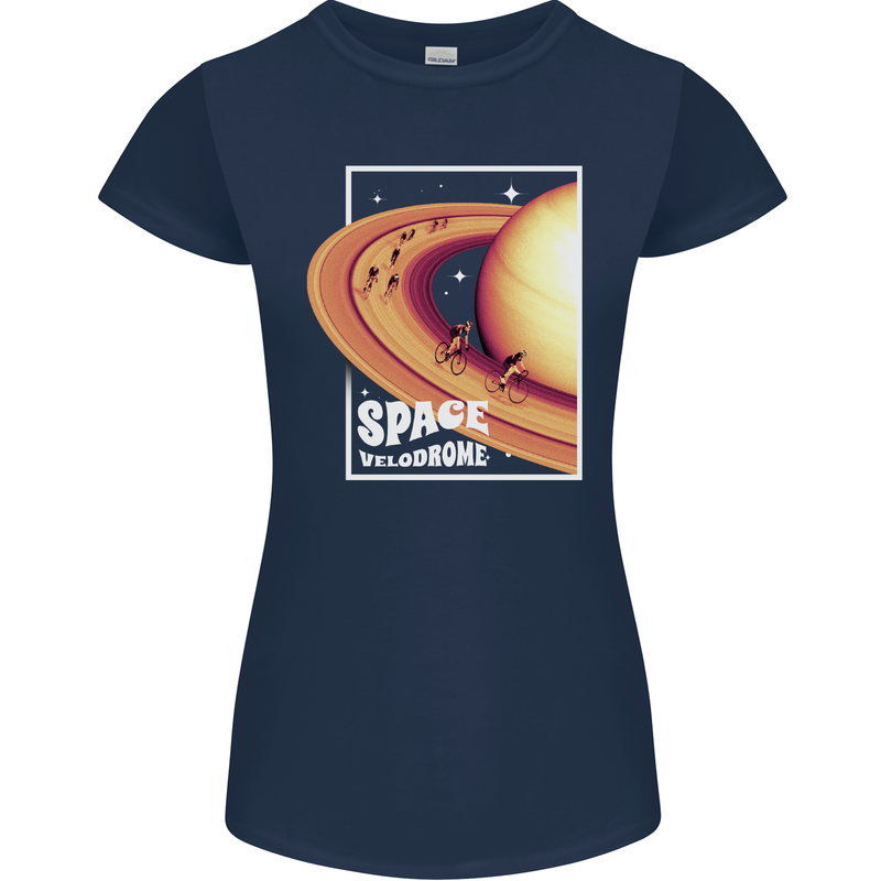 Space Velodrome Cycling Cyclist Bicycle Womens Petite Cut T-Shirt Navy Blue