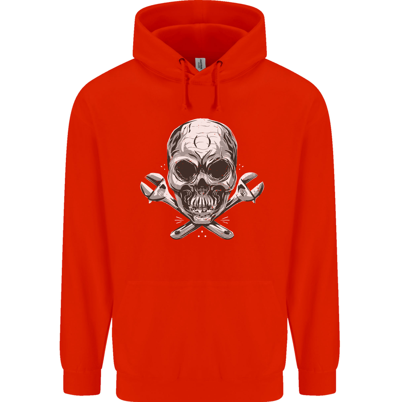 Spanner Skull Mechanic Biker Childrens Kids Hoodie Bright Red