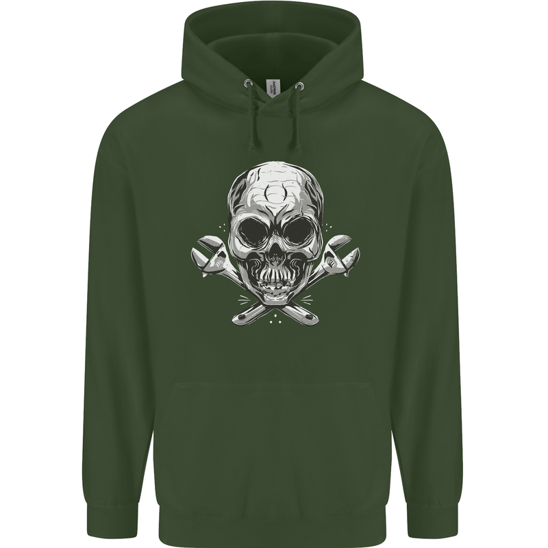 Spanner Skull Mechanic Biker Childrens Kids Hoodie Forest Green