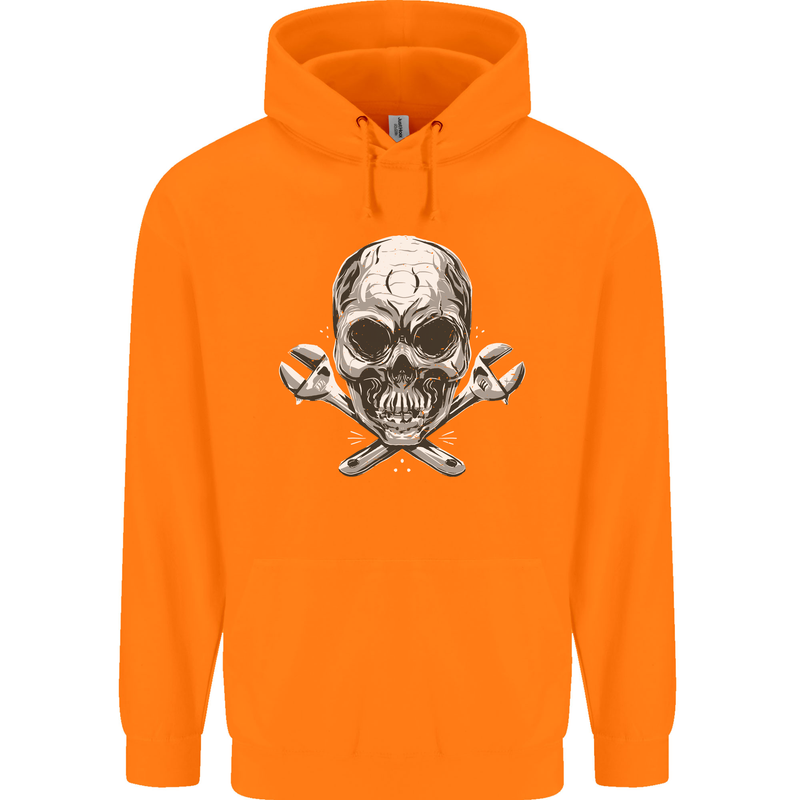 Spanner Skull Mechanic Biker Childrens Kids Hoodie Orange