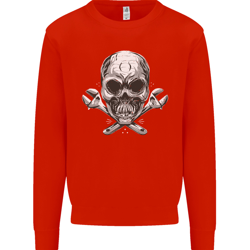 Spanner Skull Mechanic Biker Kids Sweatshirt Jumper Bright Red