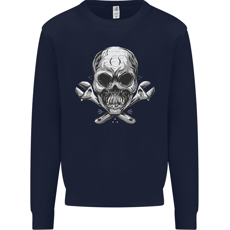 Spanner Skull Mechanic Biker Kids Sweatshirt Jumper Navy Blue