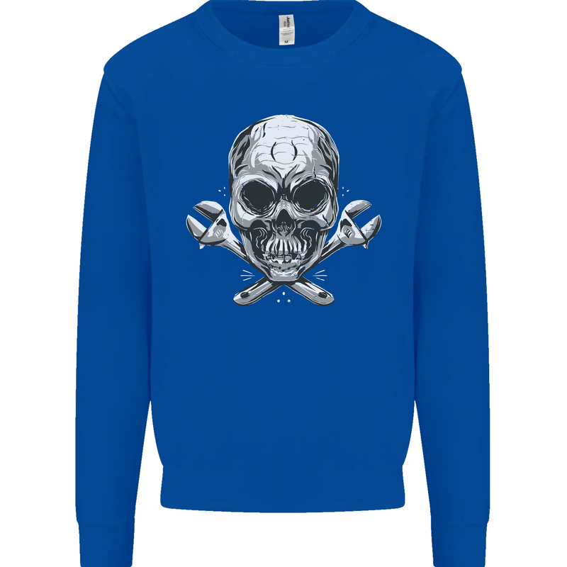 Spanner Skull Mechanic Biker Kids Sweatshirt Jumper Royal Blue