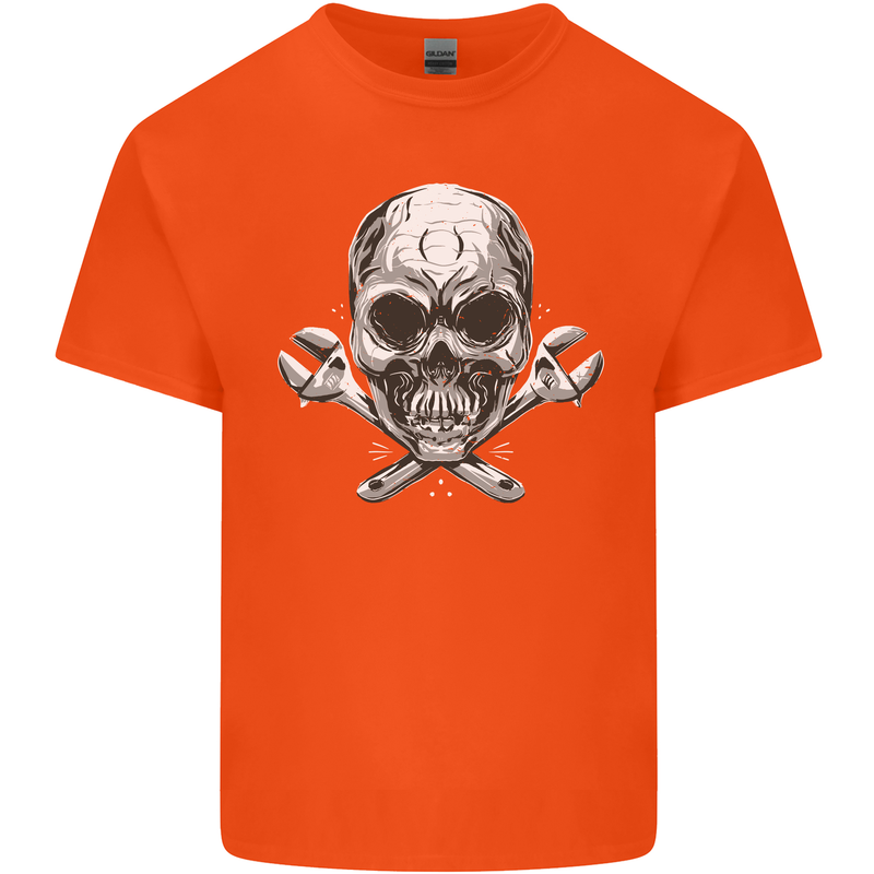 Spanner Skull Mechanic Biker Mens Cotton T-Shirt Tee Top Orange