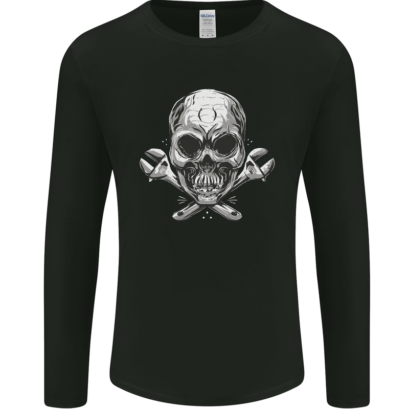 Spanner Skull Mechanic Biker Mens Long Sleeve T-Shirt Black