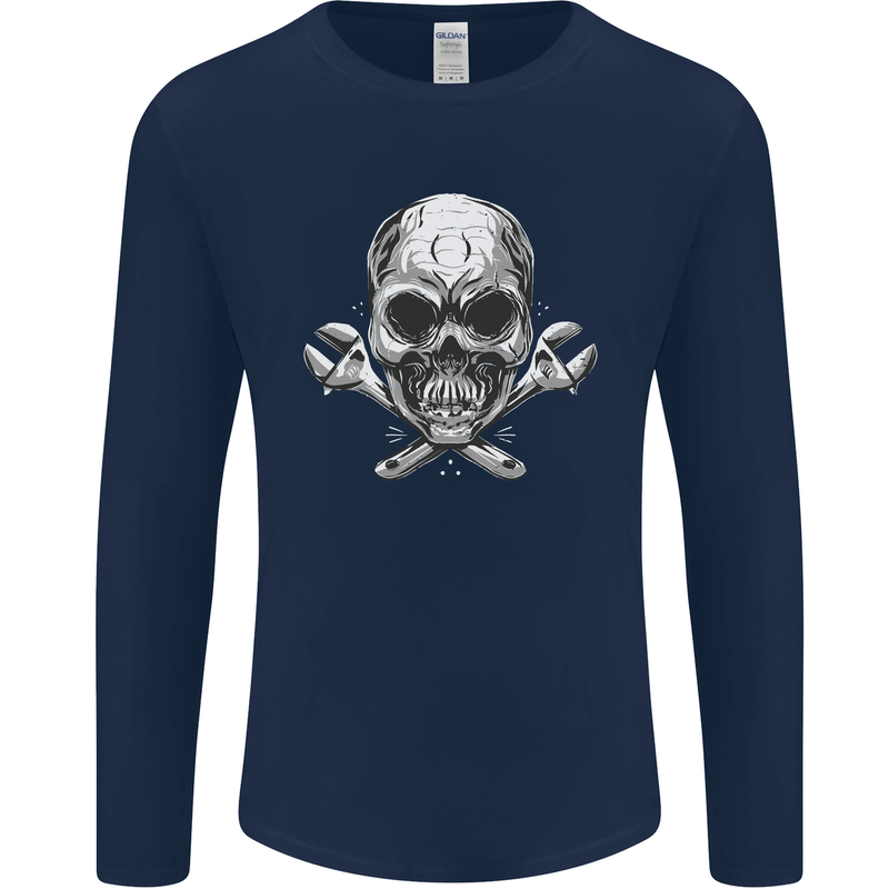 Spanner Skull Mechanic Biker Mens Long Sleeve T-Shirt Navy Blue